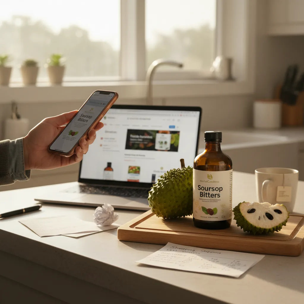 Person researching soursop bitters in kitchen
