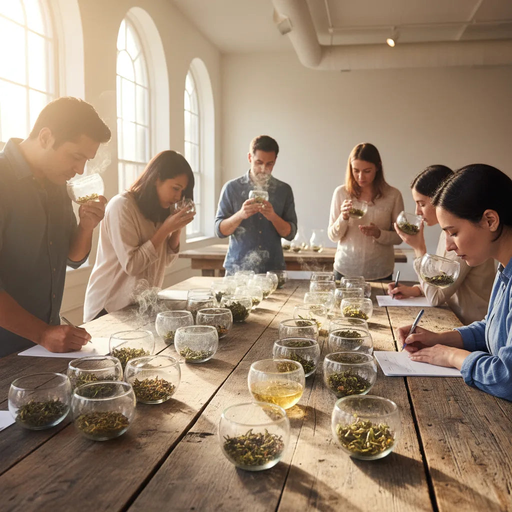 Professionals cupping and tasting loose-leaf teas