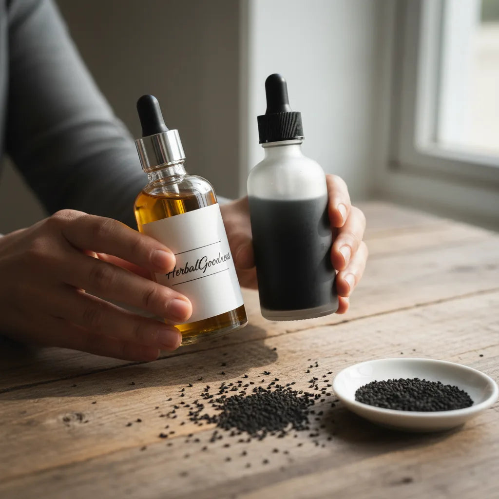 Comparing two black cumin oil bottles close-up