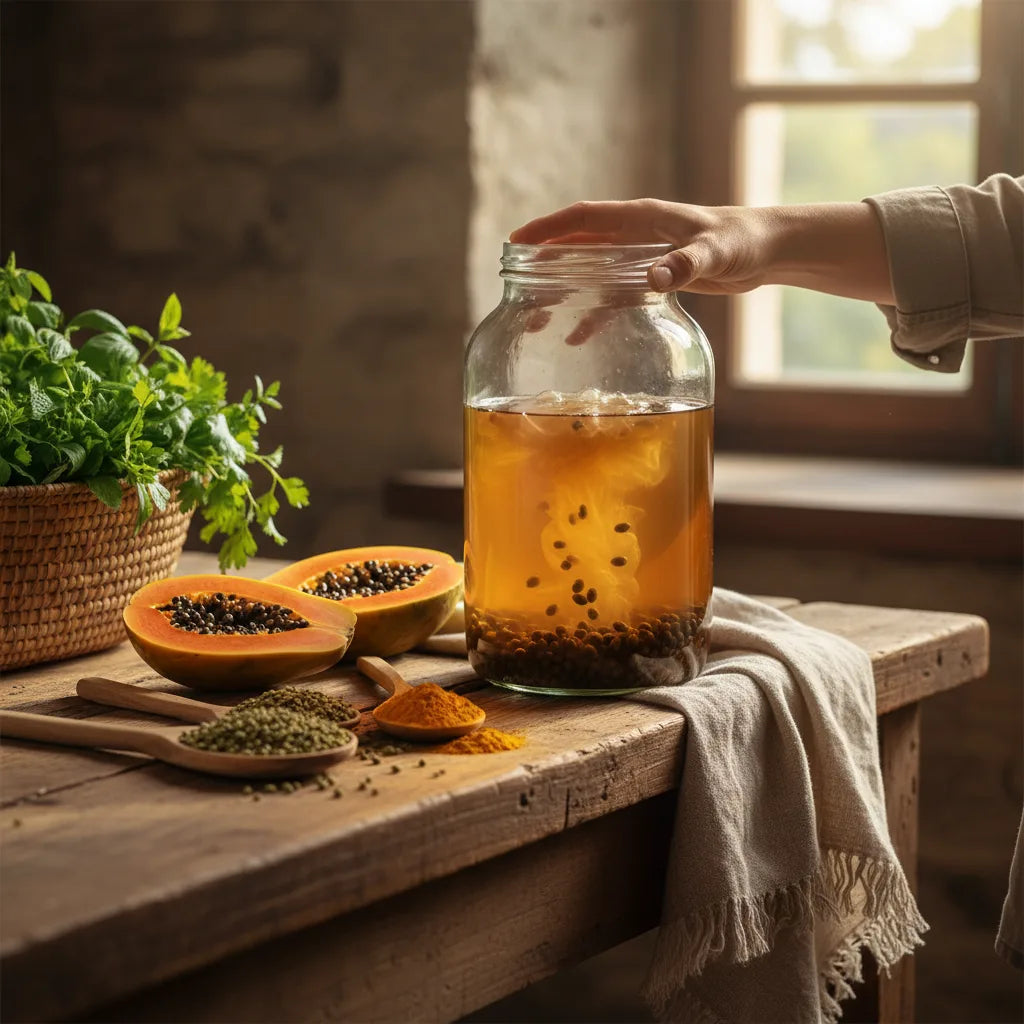 Swirling jar of fermenting papaya vinegar