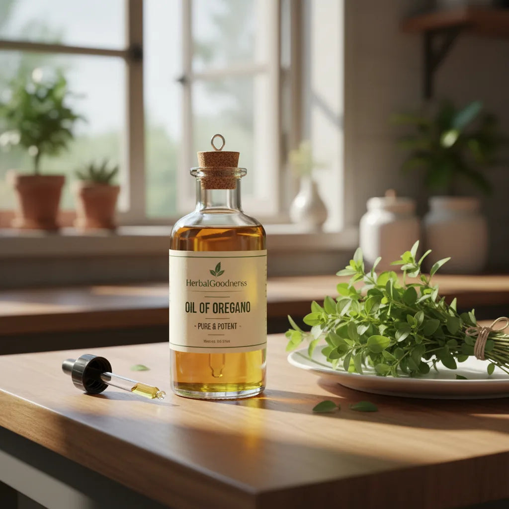 Oil of oregano bottle and fresh herbs
