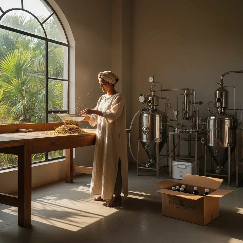 HerbalGoodness supplements in active manufacturing scene