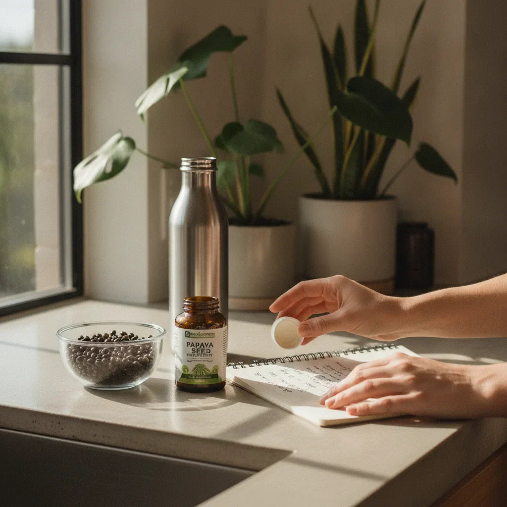 Woman choosing papaya seed supplement mindfully