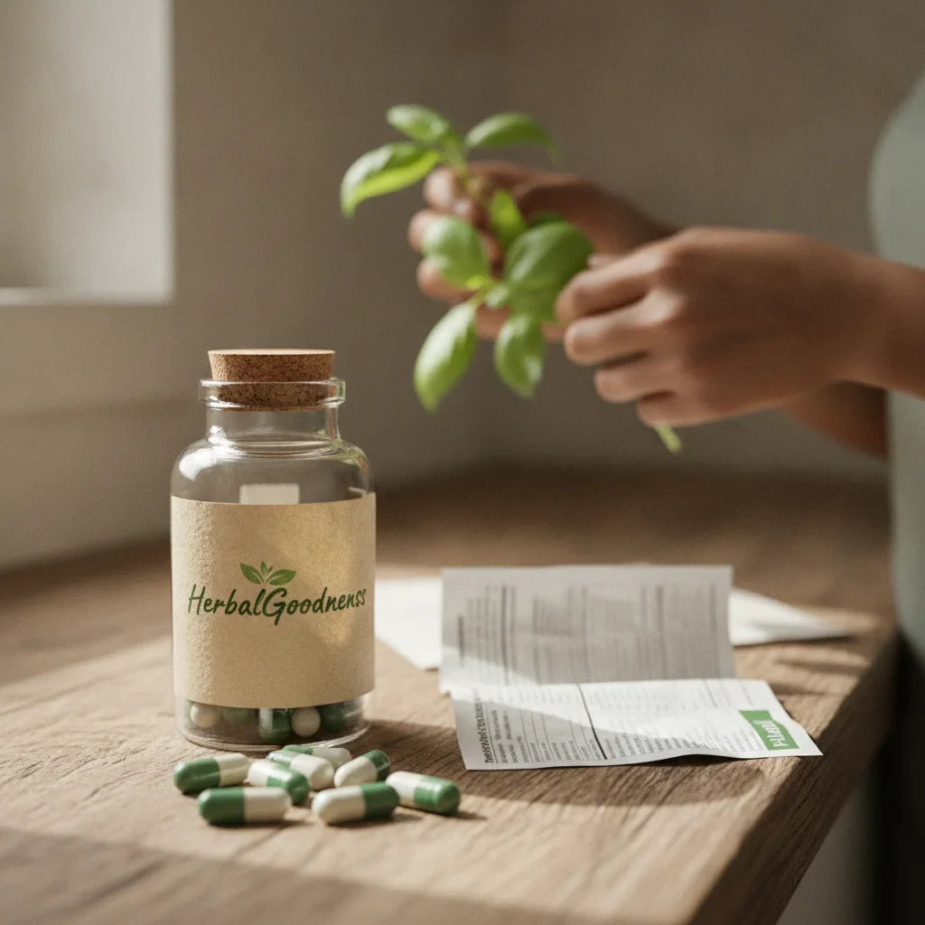 Hands examine supplement label on counter