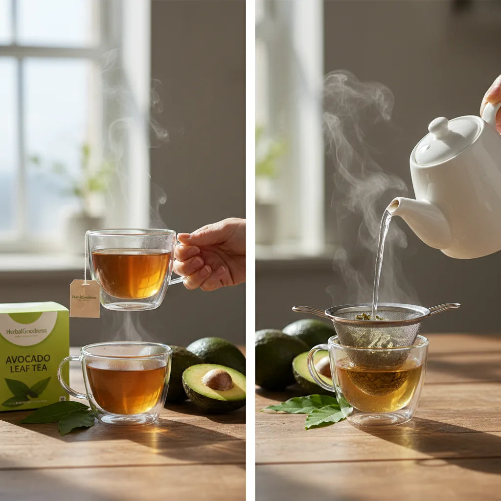 Hands brewing store-bought and DIY avocado tea