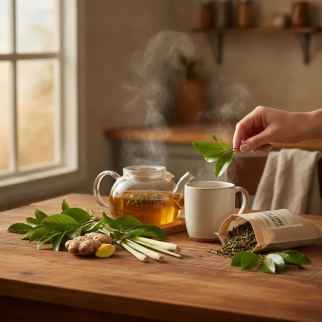 Soursop leaf tea ritual with fresh herbs