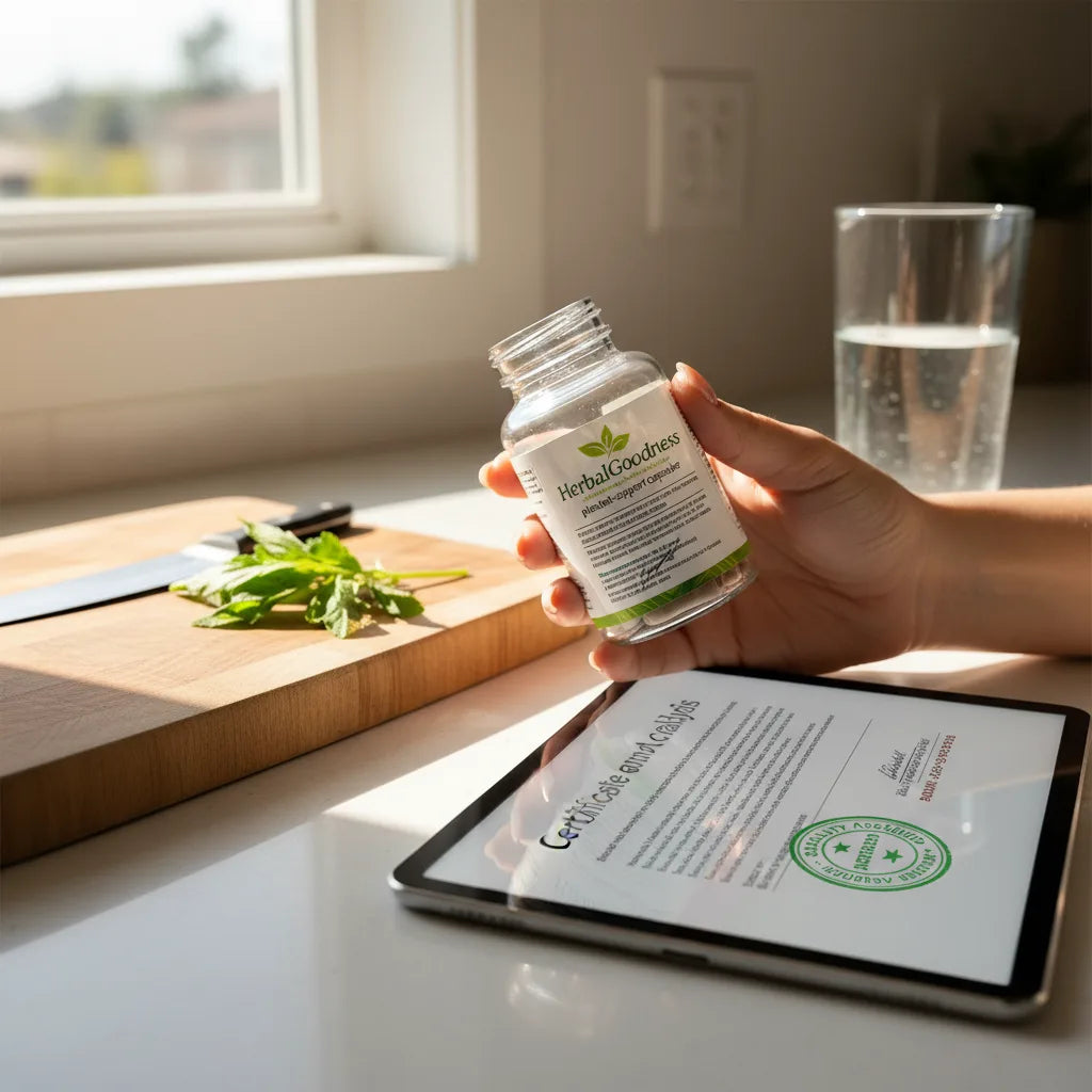 Examining HerbalGoodness capsule label and certificate