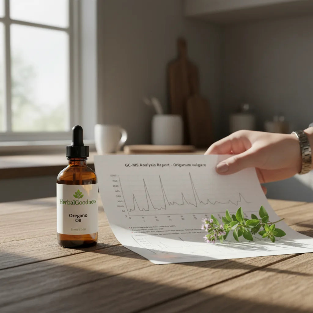GC-MS report, oregano oil, hand examining