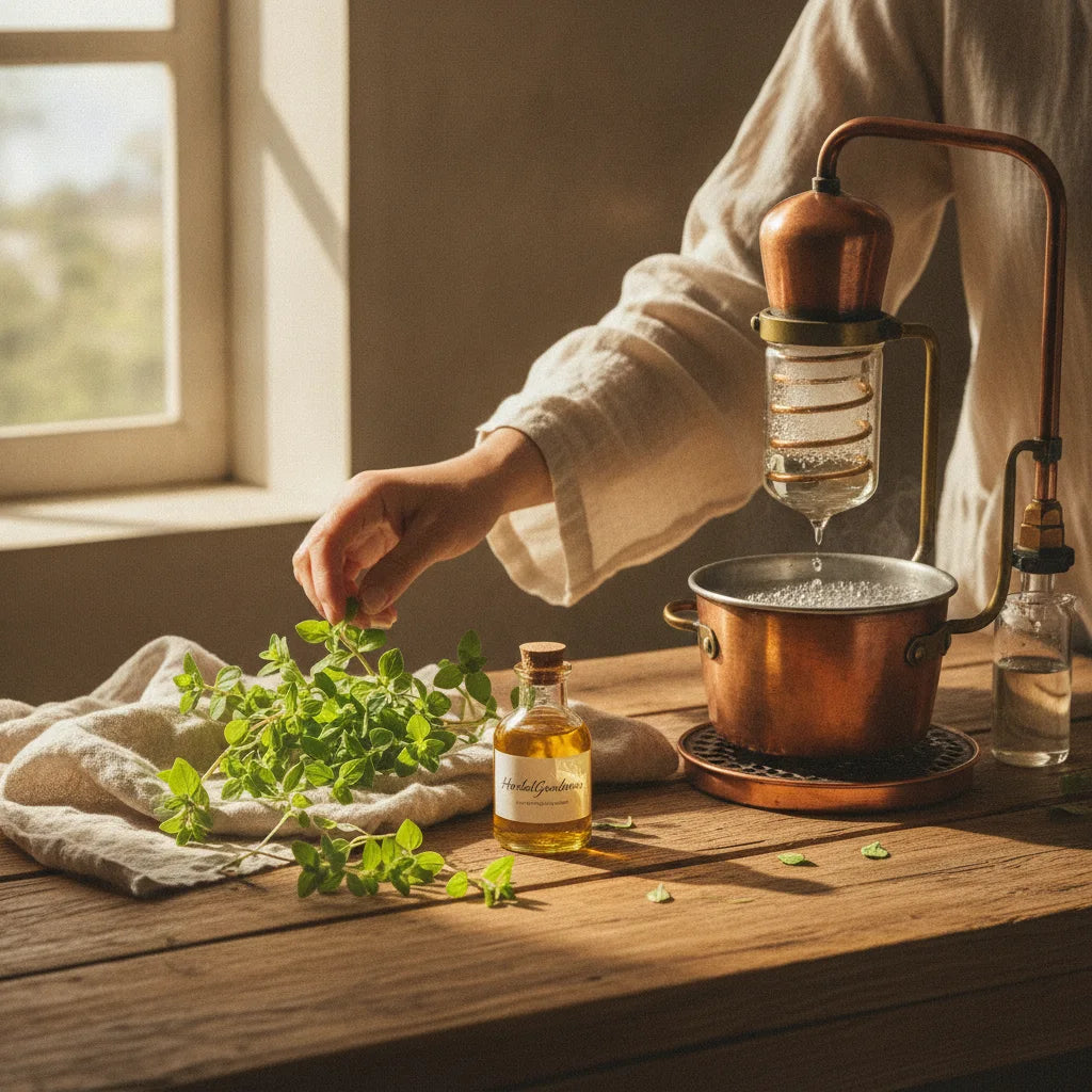 Fresh oregano and oil extraction in kitchen