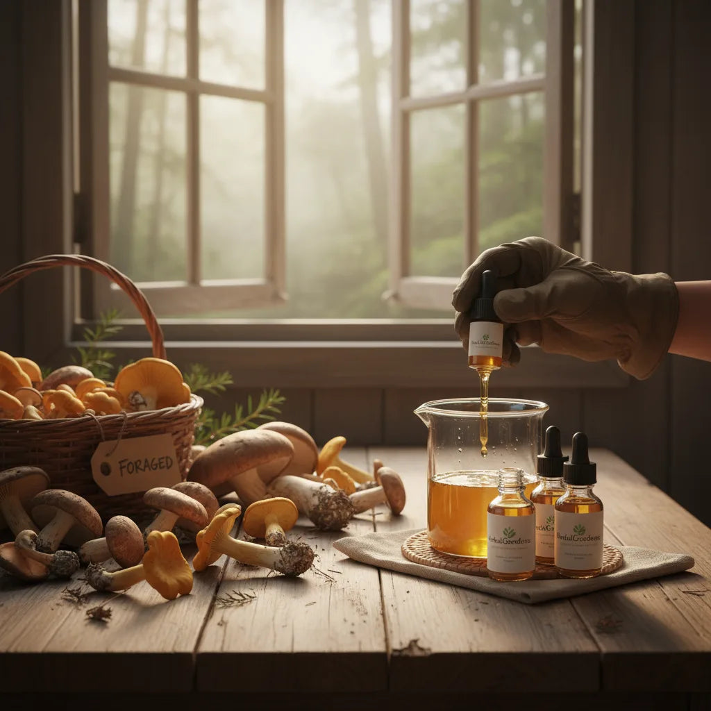 Hand fills tincture bottles by window