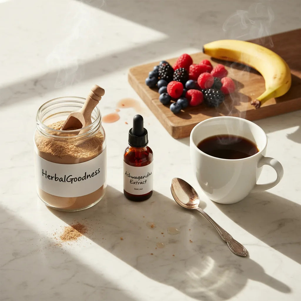 Ashwagandha powder and liquid in morning kitchen