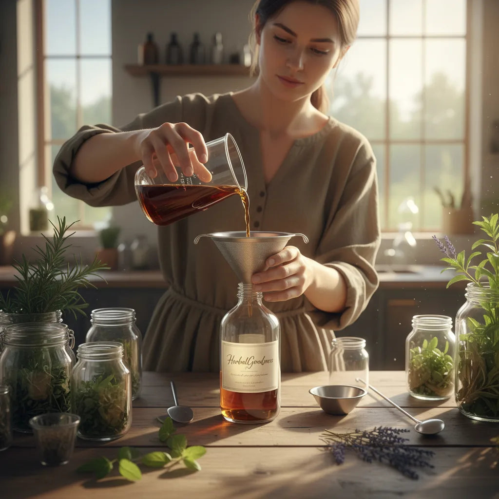 Herbal extract poured through filter into bottle