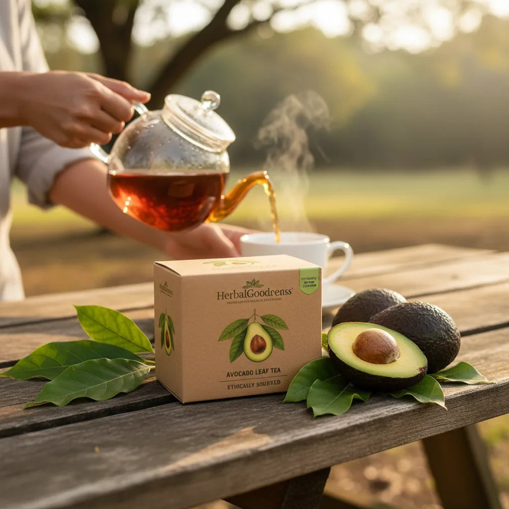 Pouring avocado leaf tea outdoors, morning light