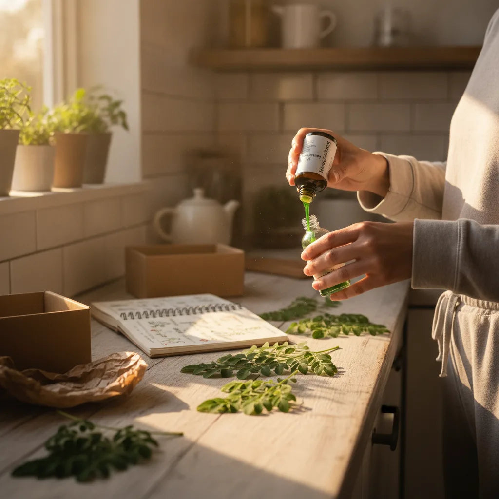 Crafting moringa extract in sunlit kitchen