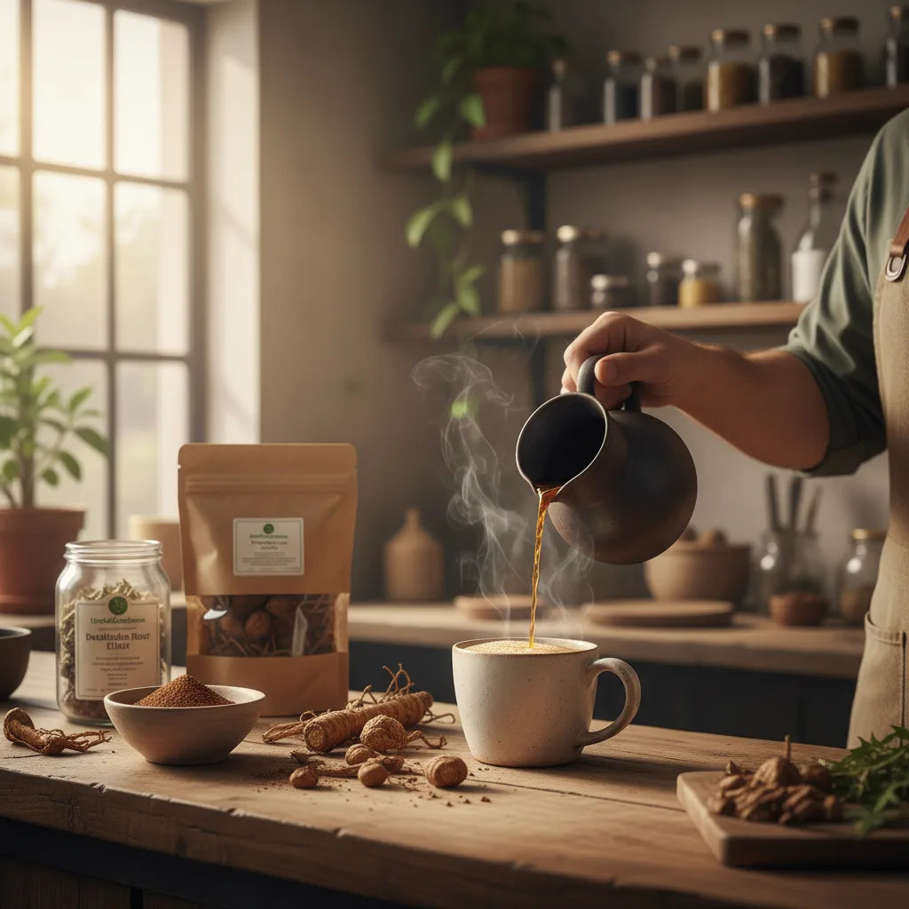 Barista pours dandelion root drink in café
