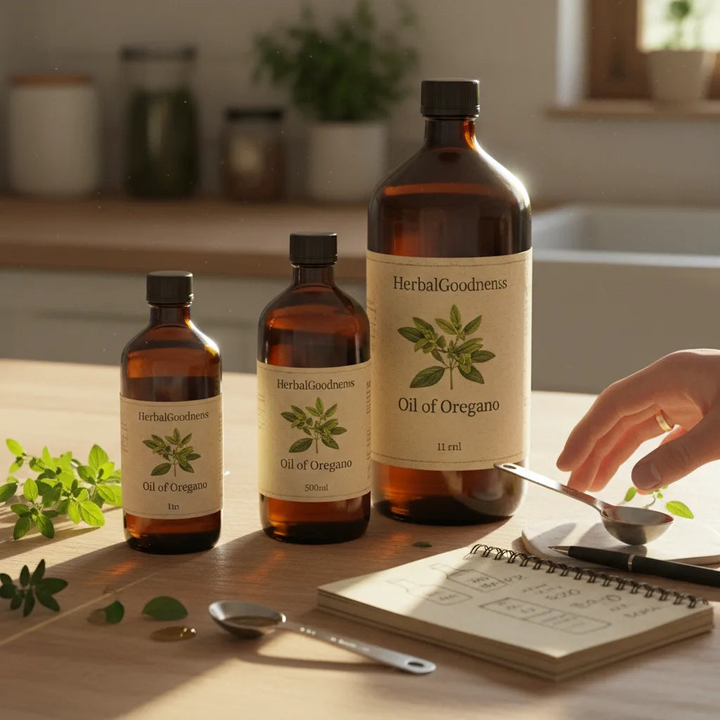 Assorted oil of oregano bottles sizing comparison