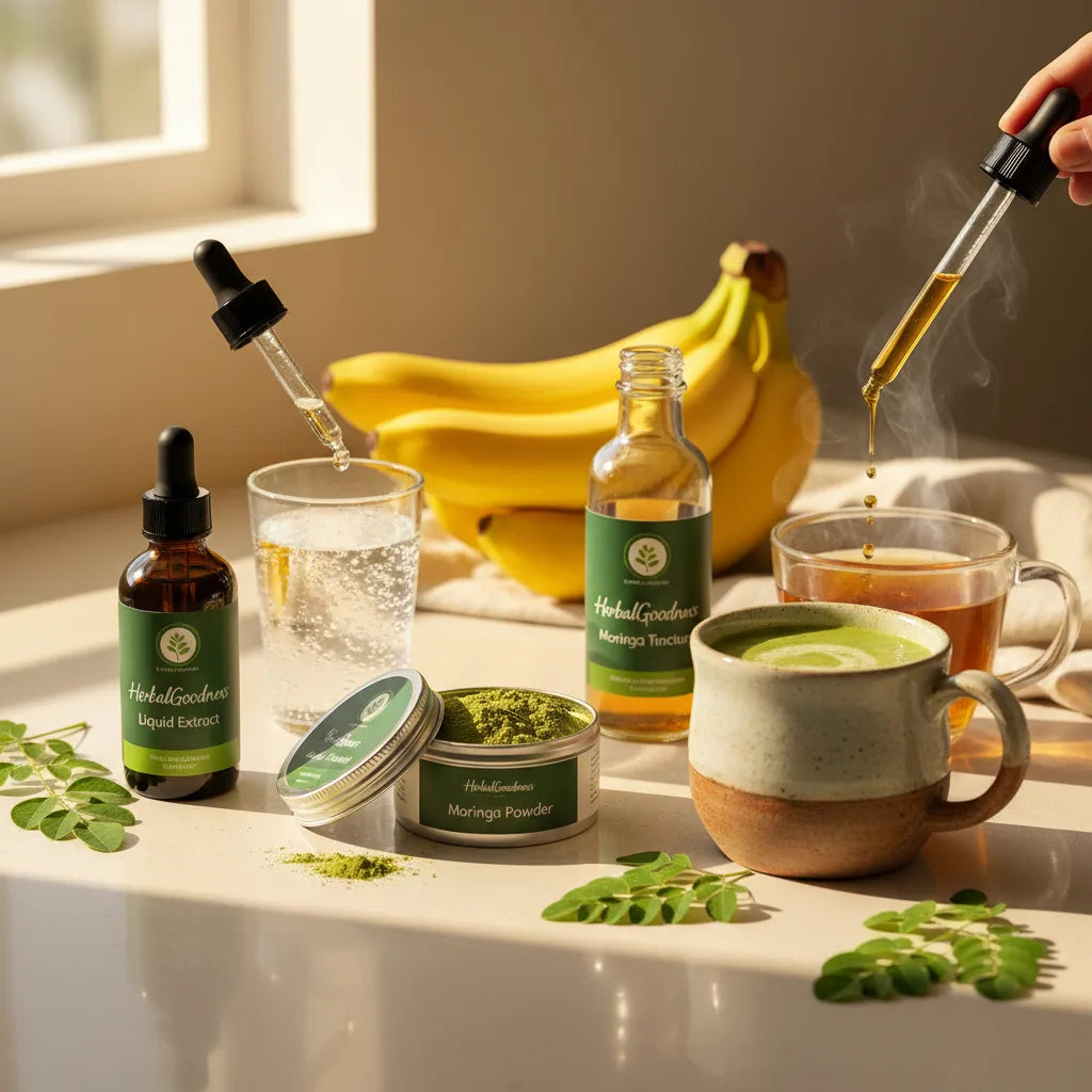 Three moringa formats arranged on kitchen counter