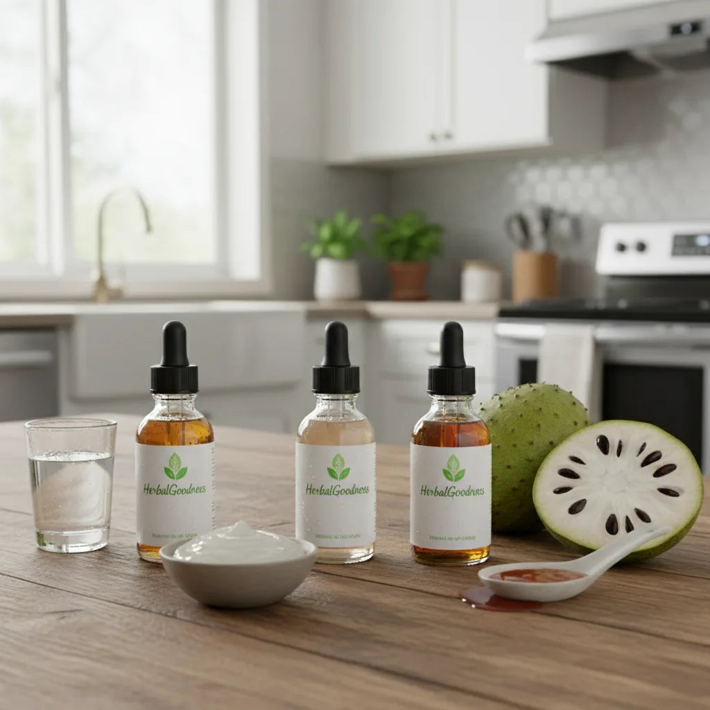Three soursop extract bottles with fresh fruit.