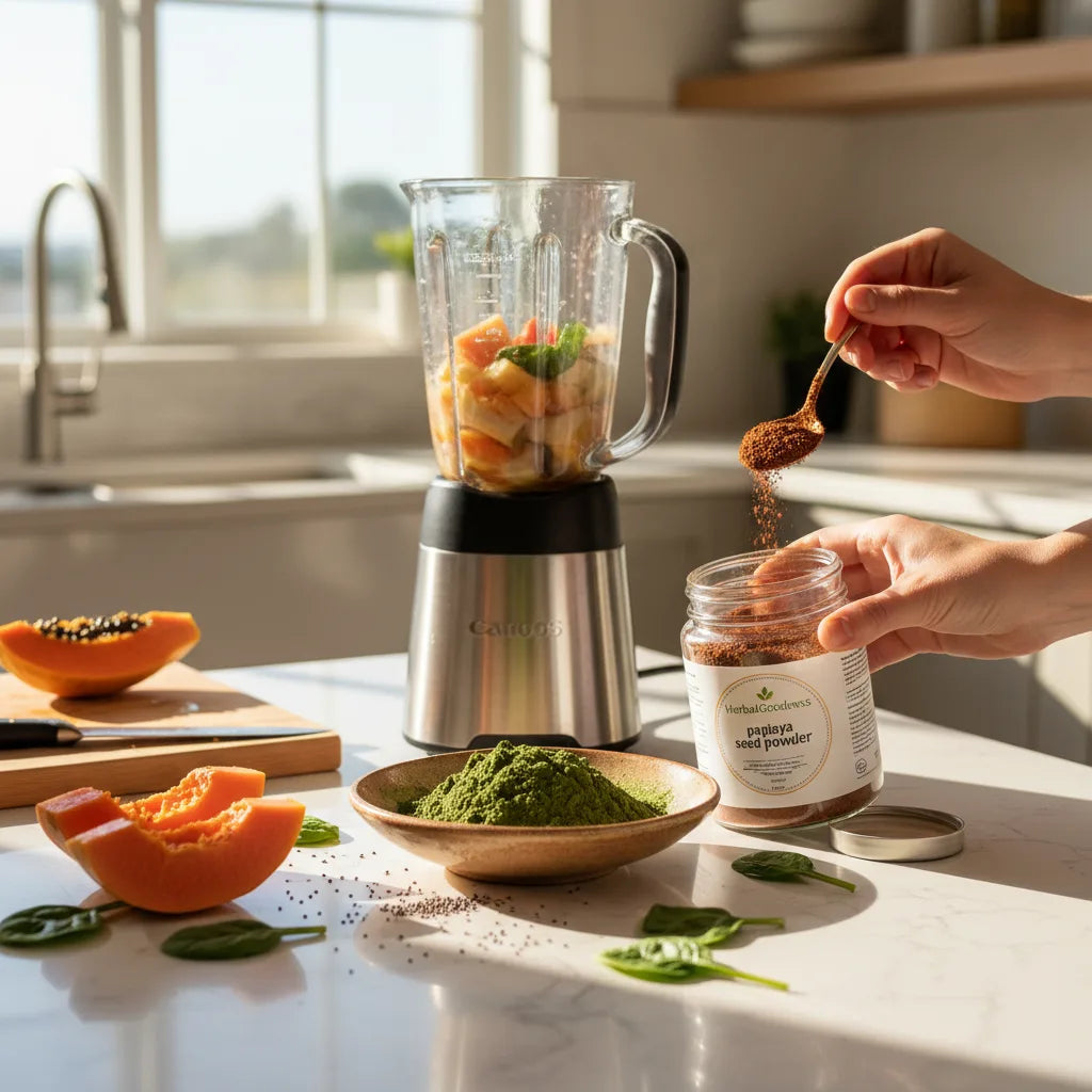 Papaya seed powder blended into protein smoothie
