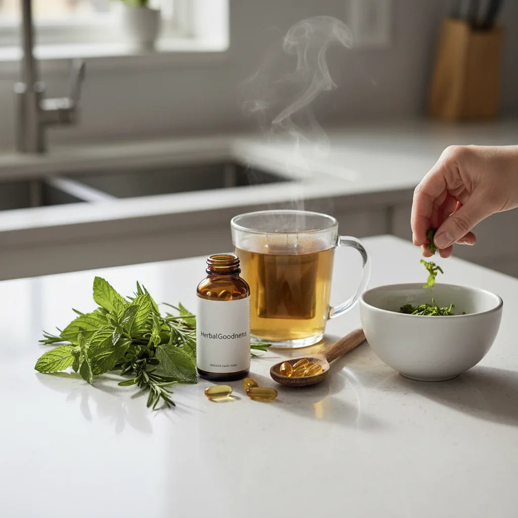 Fresh herbs and herbal supplement morning scene