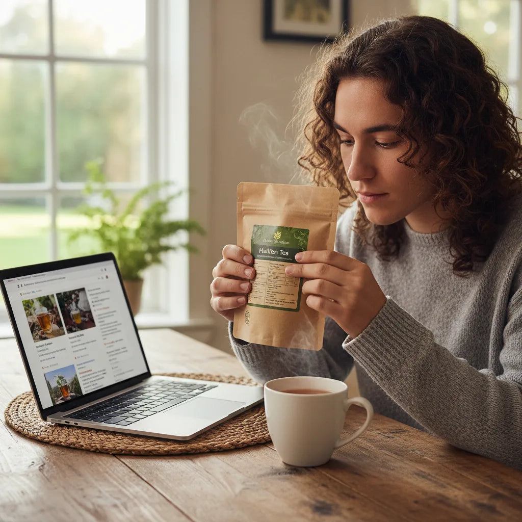 Reading mullein tea label in kitchen
