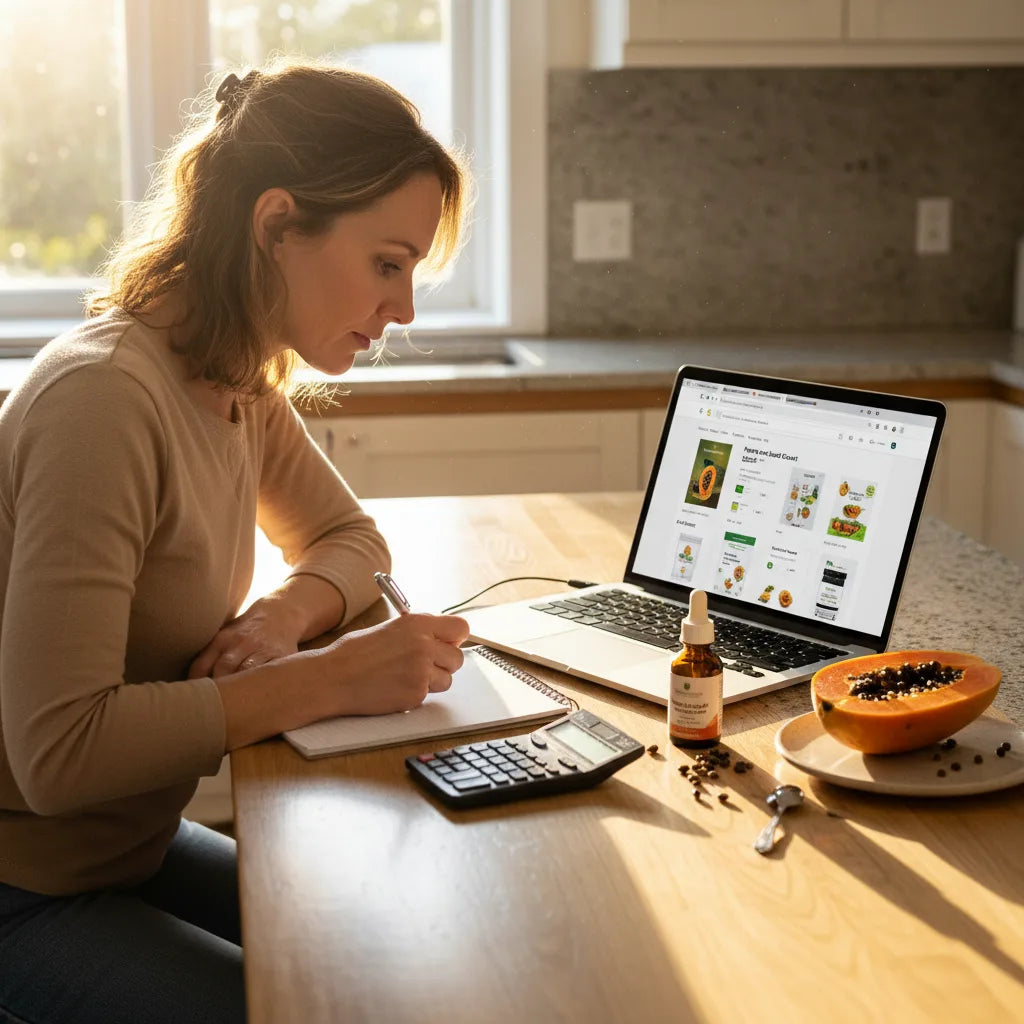 Woman comparing papaya extract options in kitchen