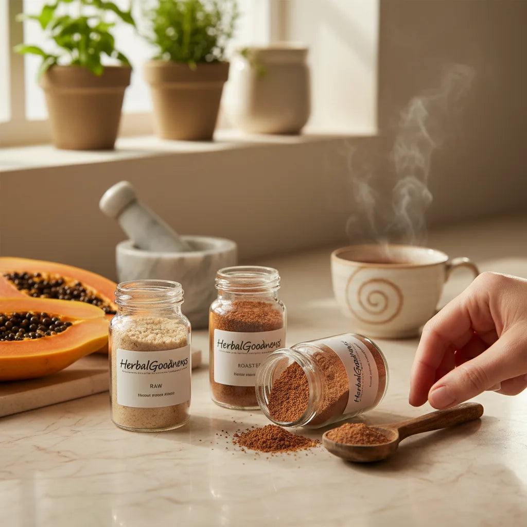 Three jars of papaya seed powders displayed