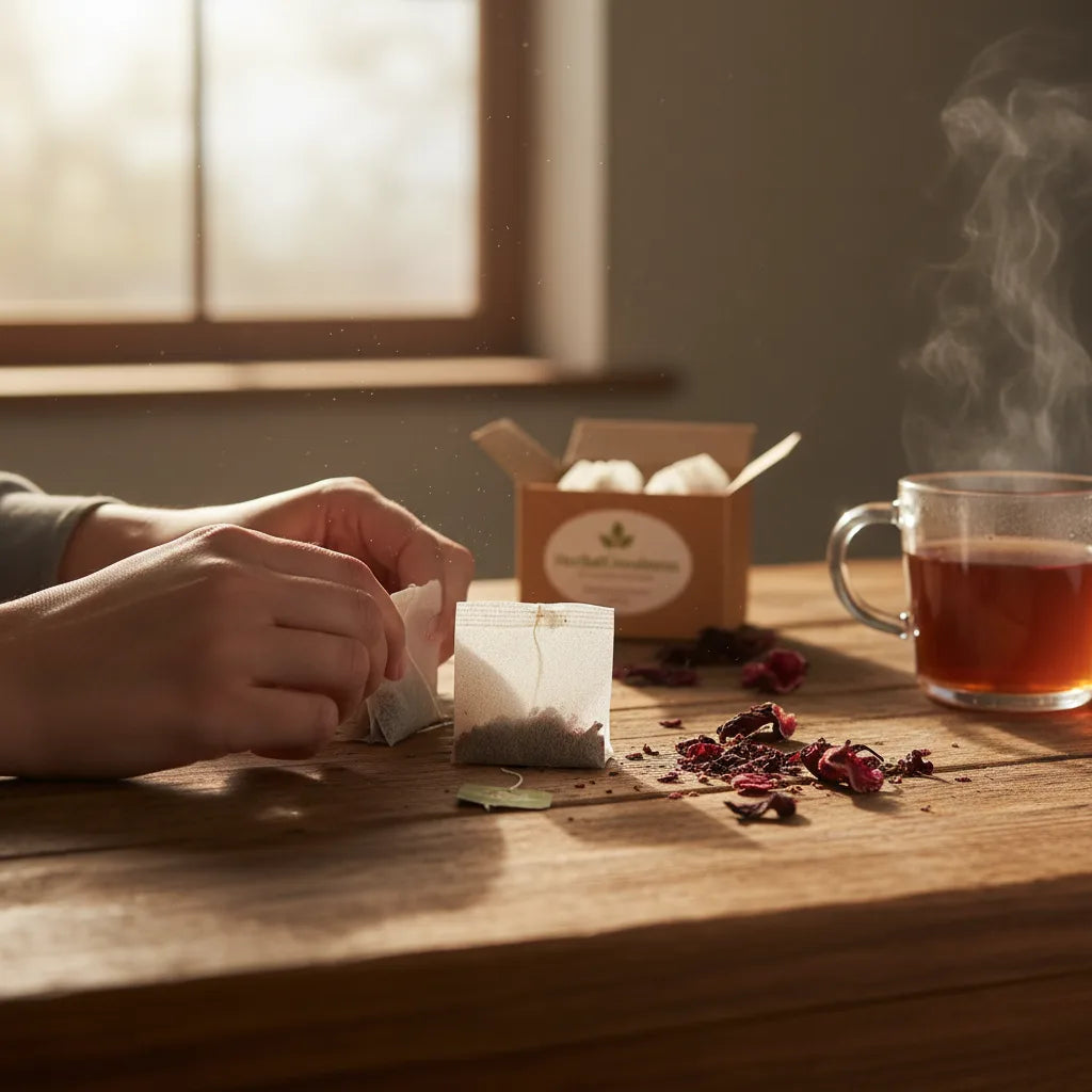 Inspecting compostable hibiscus tea bags closely