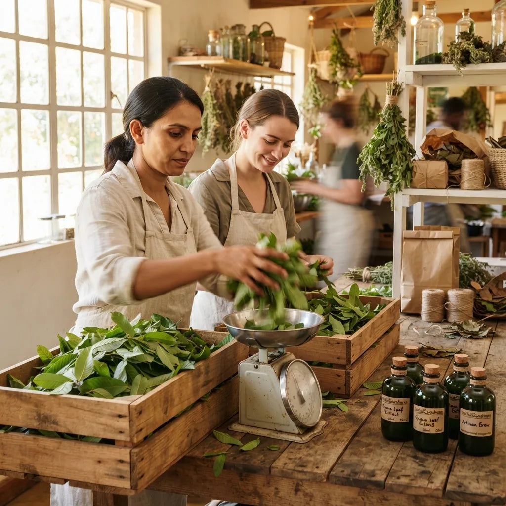 Workers process guava leaves with sustainable packaging
