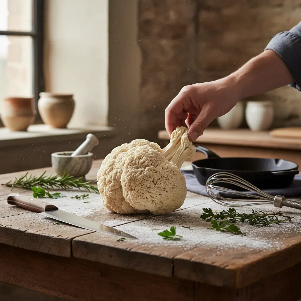 Lion's mane mushroom prepped on kitchen table