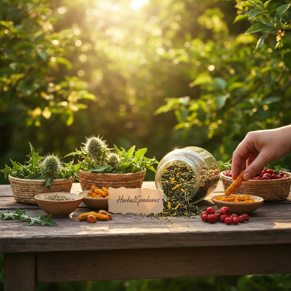 Fresh global herbs and roots, outdoors
