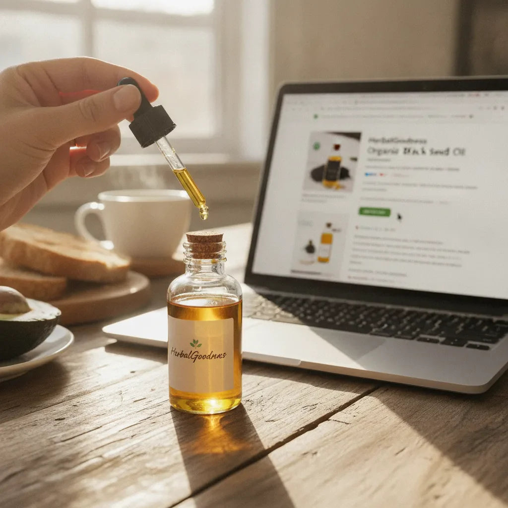 Sampling black seed oil while shopping online.