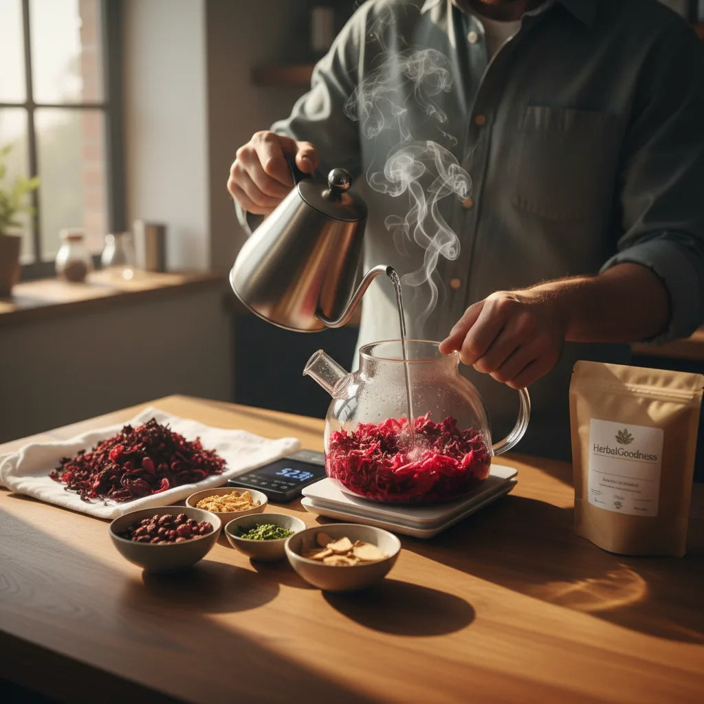 Barista brewing hibiscus tea from bulk petals