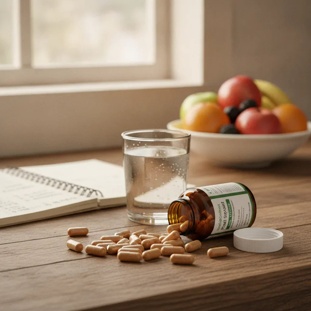 Capsules, notes, and water on counter