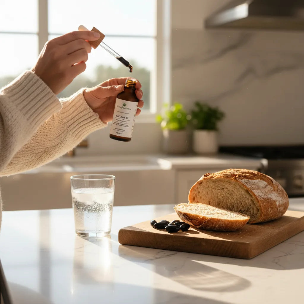 Dropper bottle and capsules on kitchen counter