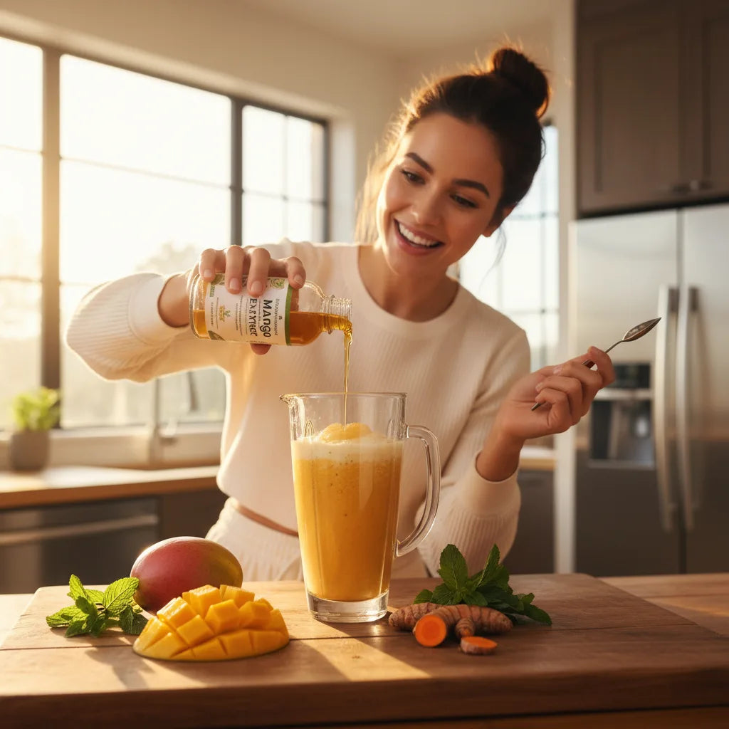 Woman preparing smoothie with mango extract