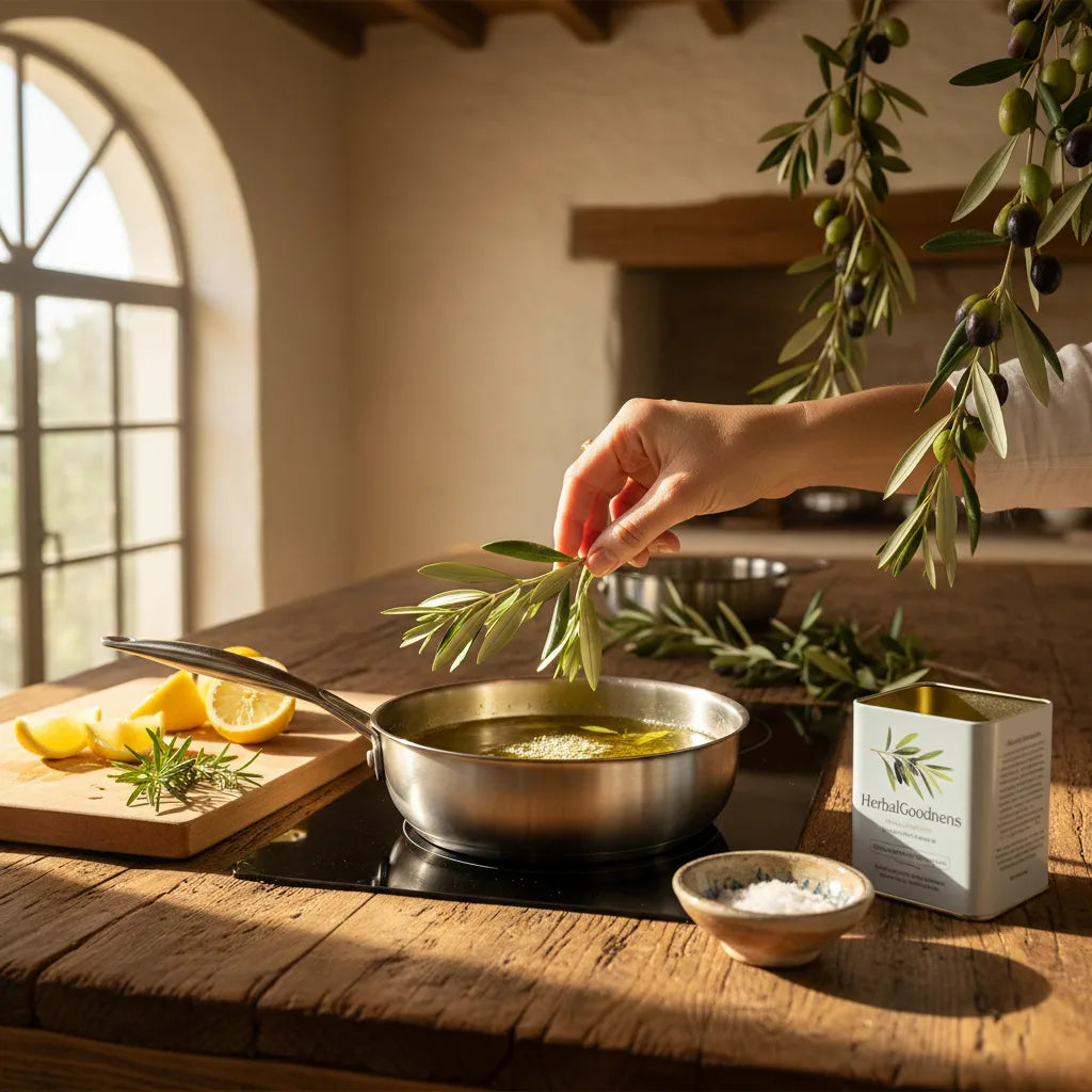 Infusing olive leaves in warm oil