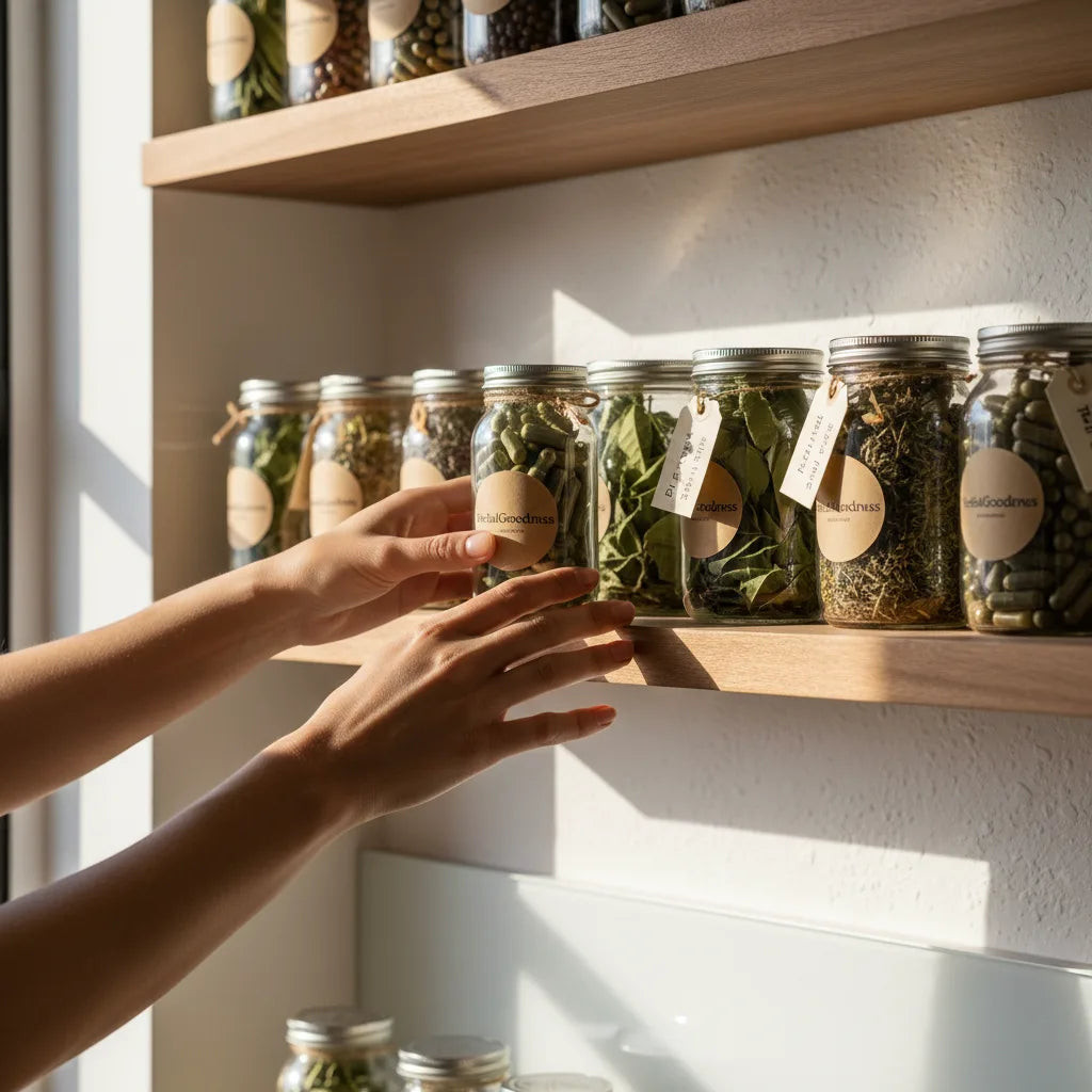 Hands selecting herbal capsules from shelf