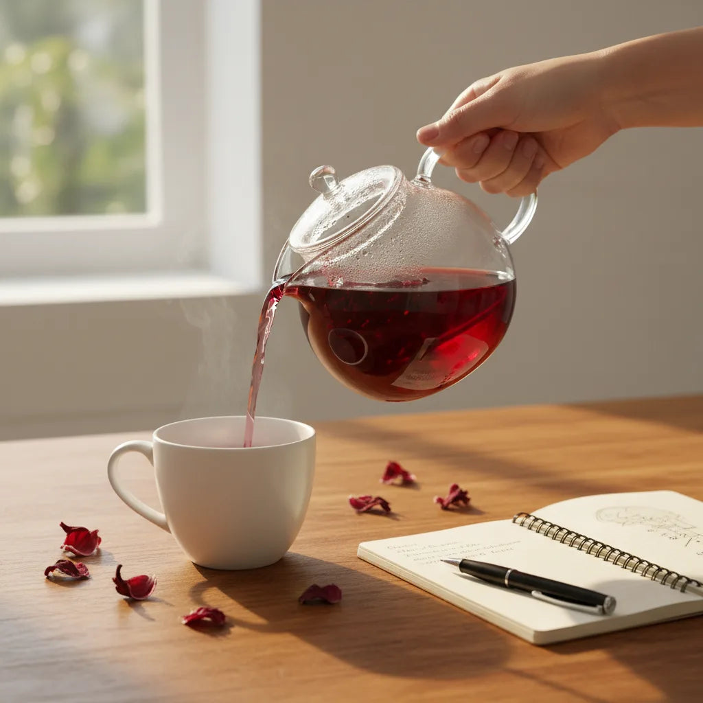 Pouring hibiscus tea beside open journal