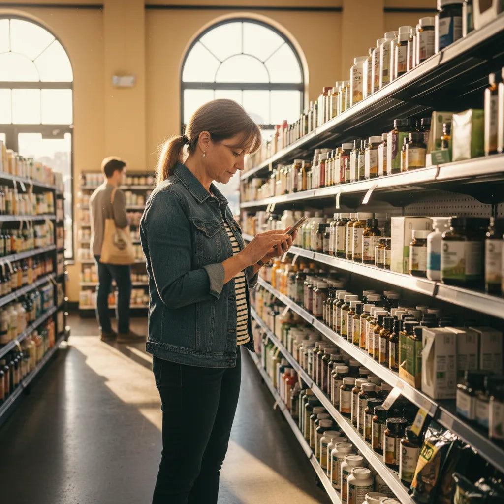 Woman checks oil of oregano availability store