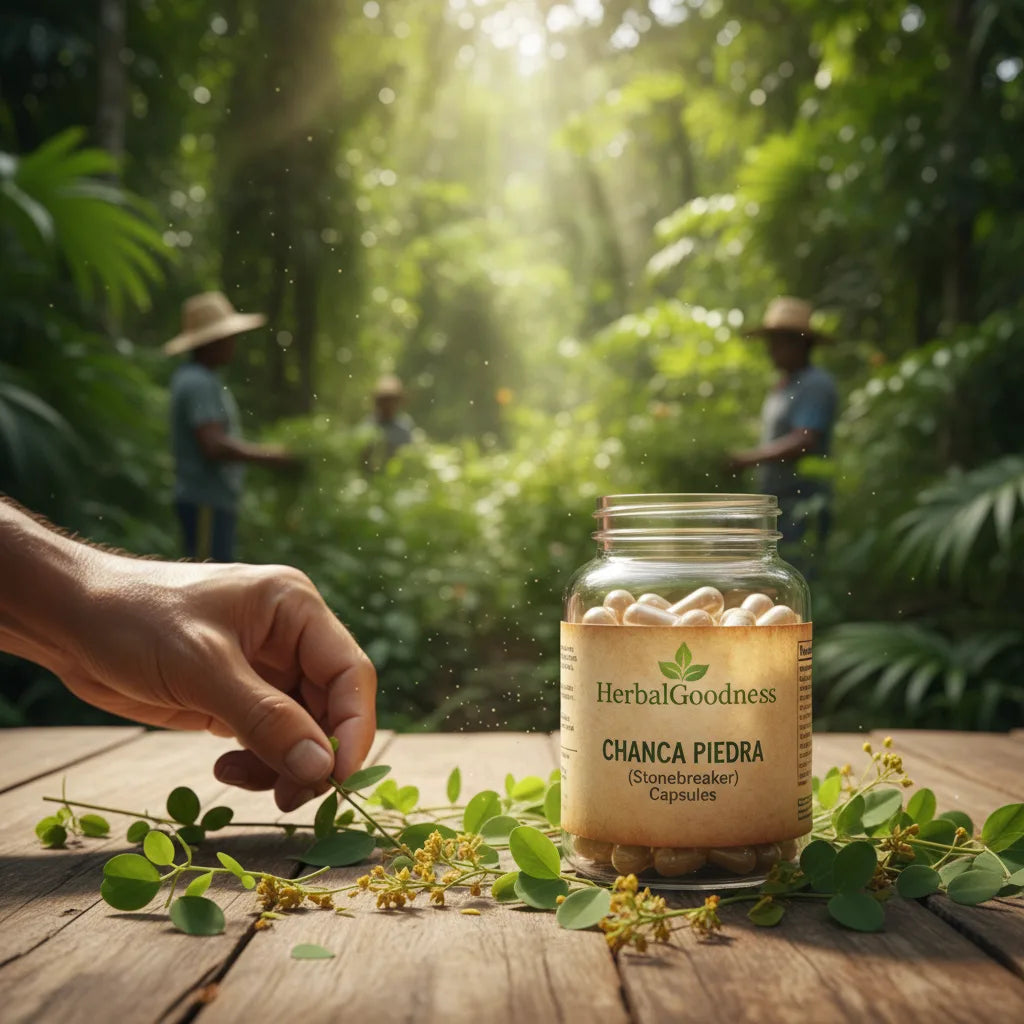 Chanca piedra supplement jar amid fresh leaves