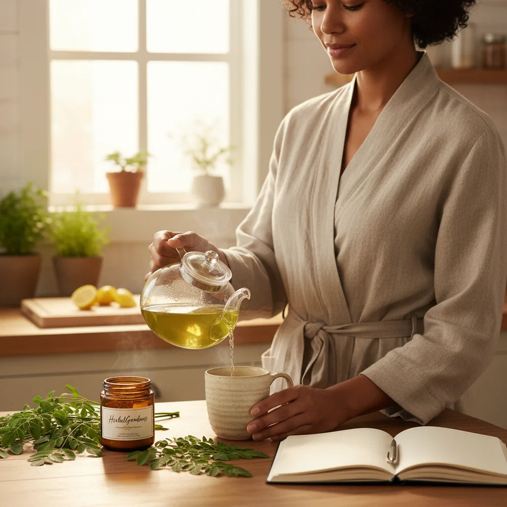 Woman pours moringa tea, journal nearby