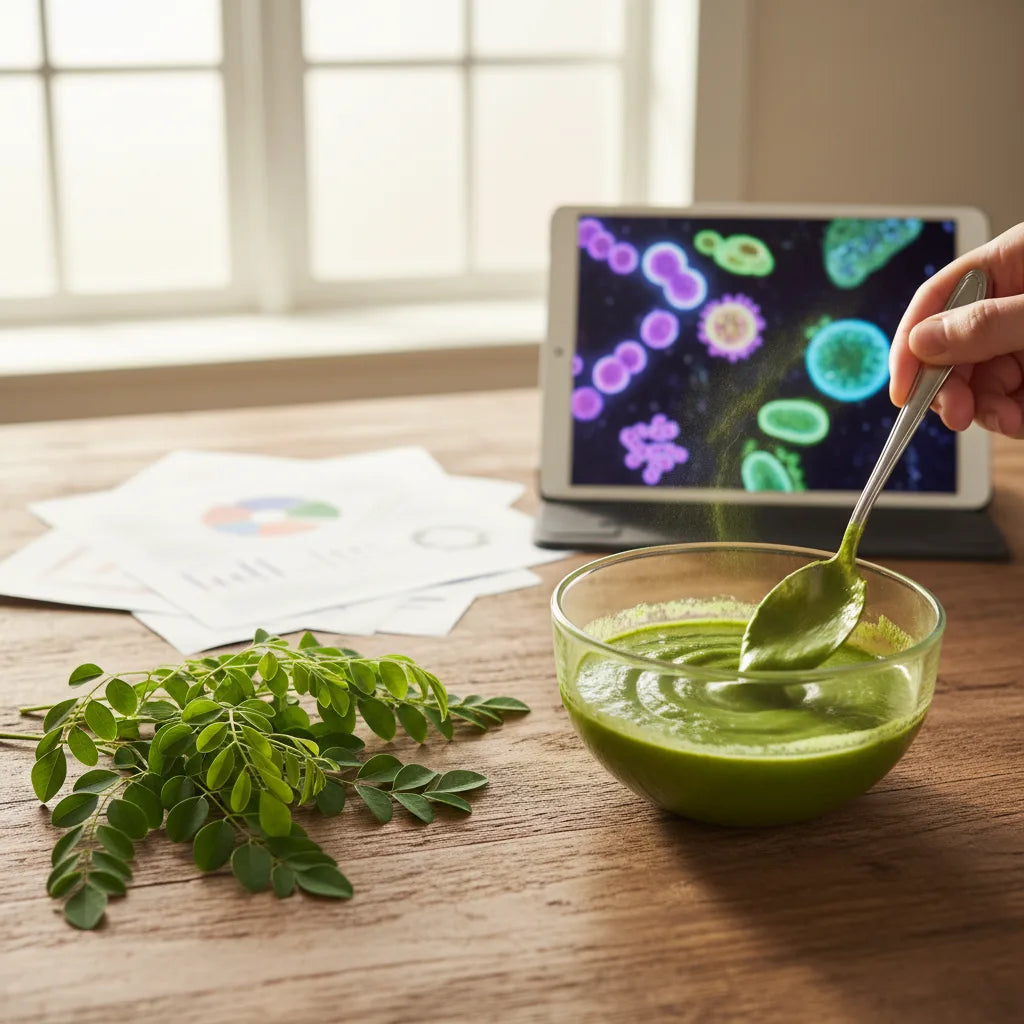 Hand stirs moringa smoothie with research nearby