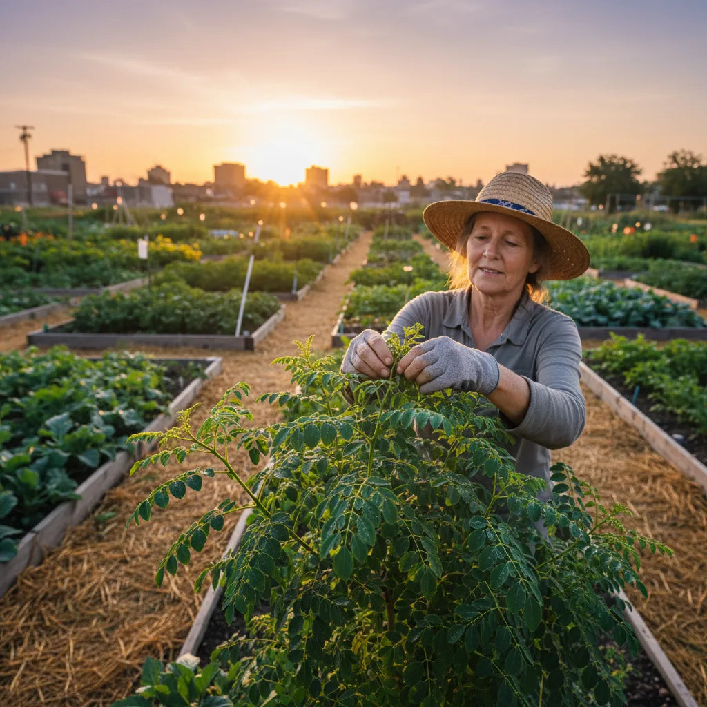 Gardener harvesting moringa leaves at sunrise