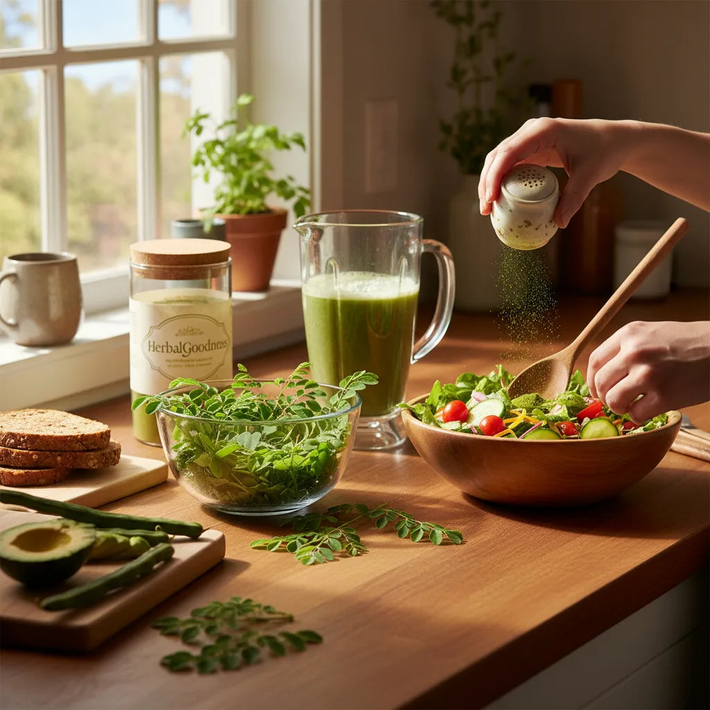 Everyday moringa uses in bright kitchen scene