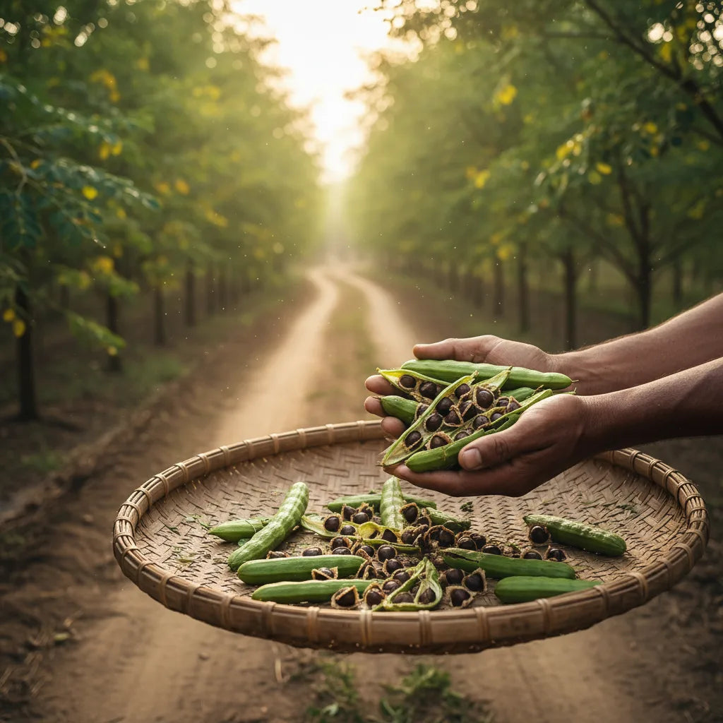Farmer holding fresh moringa seed pods