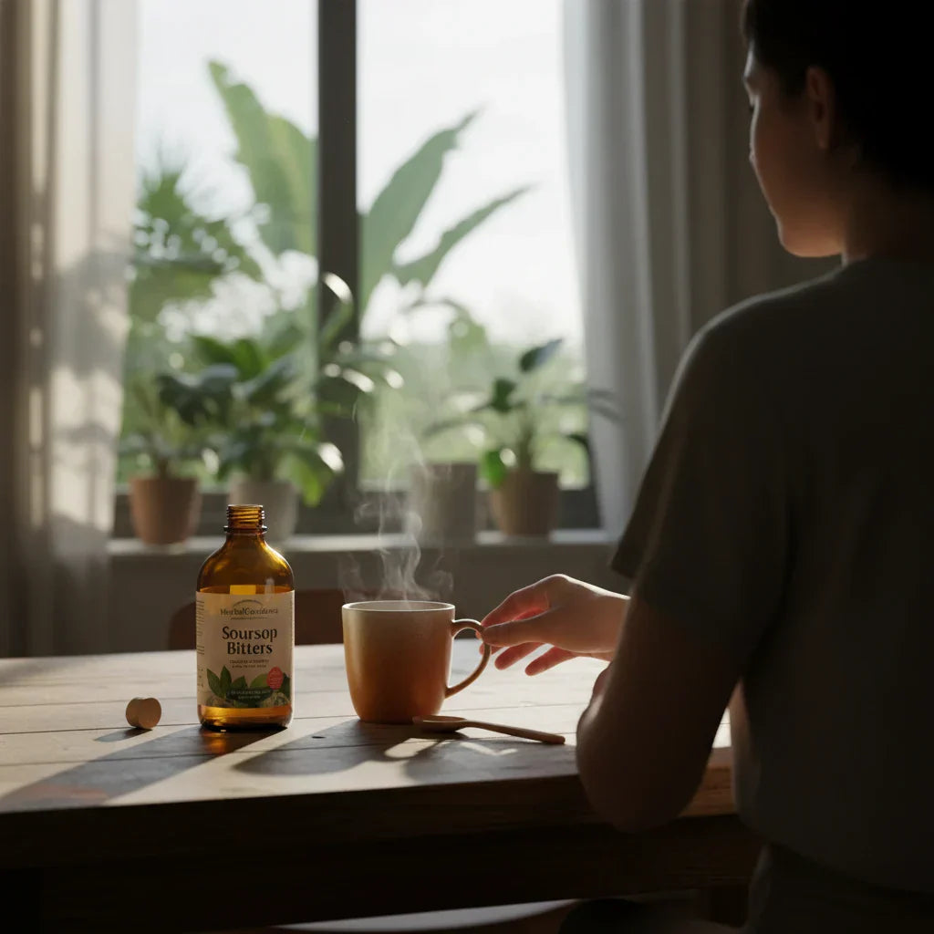 Morning ritual with soursop bitters bottle