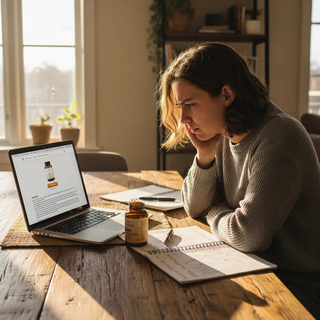 Person examines supplement claims on laptop