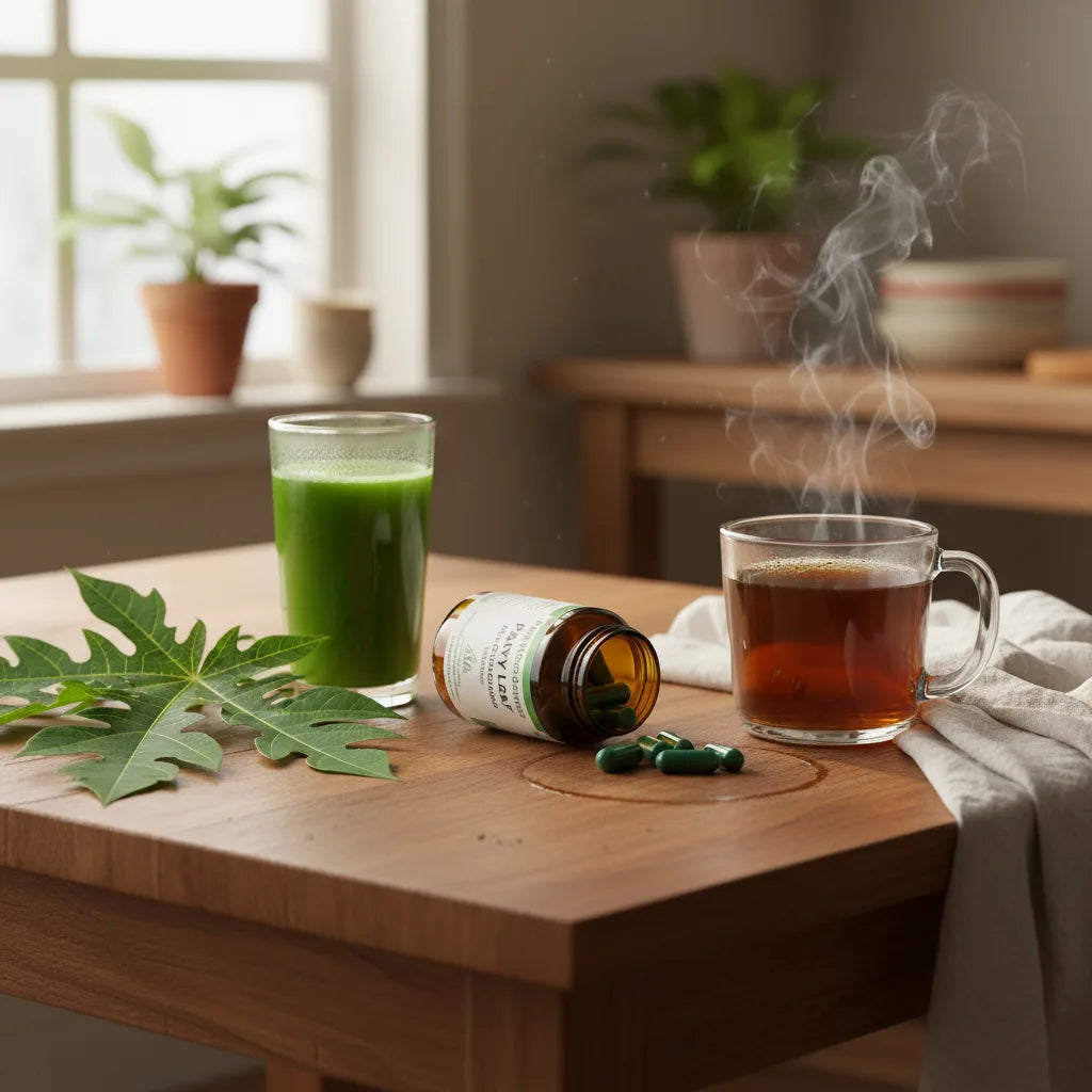 Papaya leaf capsules, tea, juice, and leaves