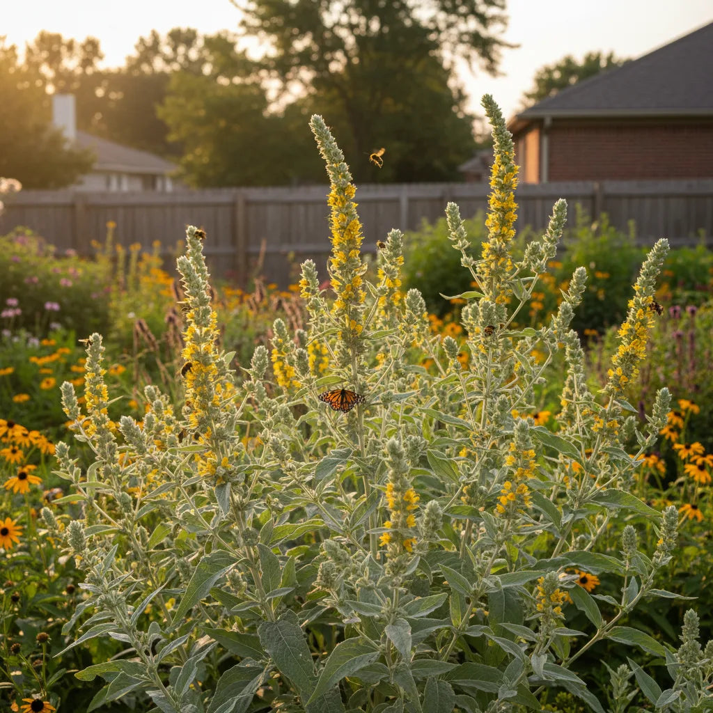 Mullein plants with bees in garden